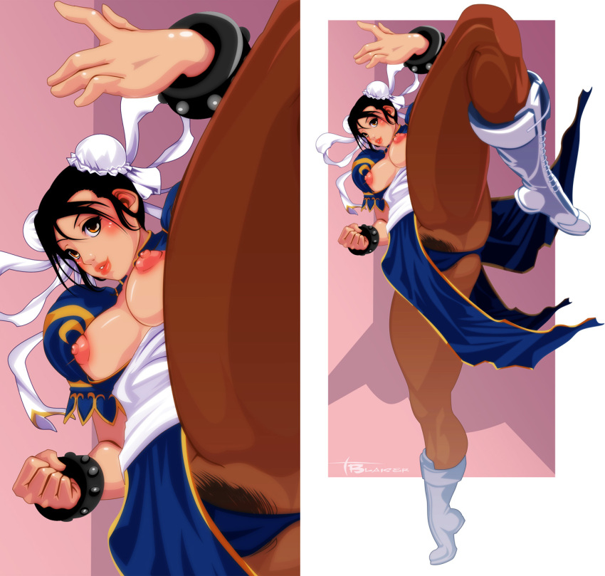 boots breasts breasts_out chun-li double_bun highres leg_lift nipples no_bra panties pantyhose pubic_hair see-through street_fighter tal_blaiser talblaiser underwear