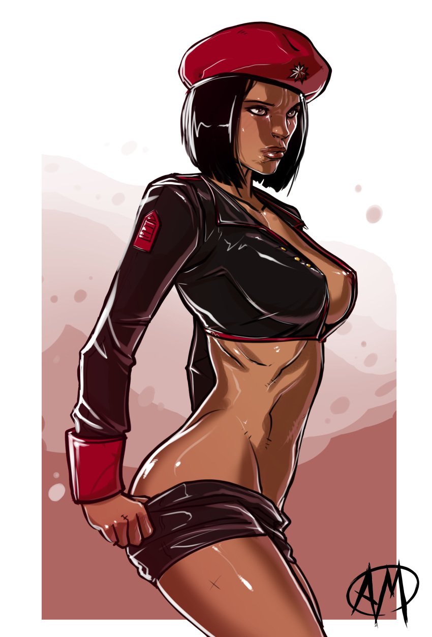 beret black_hair breasts brown_eyes command_and_conquer dark-skinned_female dark_skin female ganassa high_resolution military_uniform natasha natasha_volkova nipples red_alert_(video_games) red_alert_3 short_hair shorts sideboob solo undressing uniform