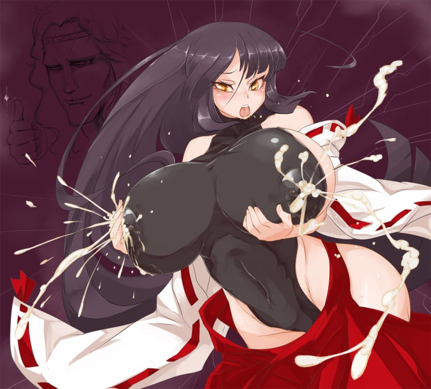 ahe_gao areolae bare_shoulders black_hair blush breast_hold breast_lift breasts bursting_breasts covering covering_breasts crossover detached_sleeves erect_nipples female gigantic_breasts hakama hakama_pull hakurei_miko headband japanese_clothes lactation large_areolae leotard long_hair m.u.g.e.n mound_of_venus nipples nontraditional_miko open_mouth plump puffy_nipples rekise saliva sideboob sweat thumbs_up tight_clothes touhou very_long_hair wide_hips wide_sleeves yellow_eyes