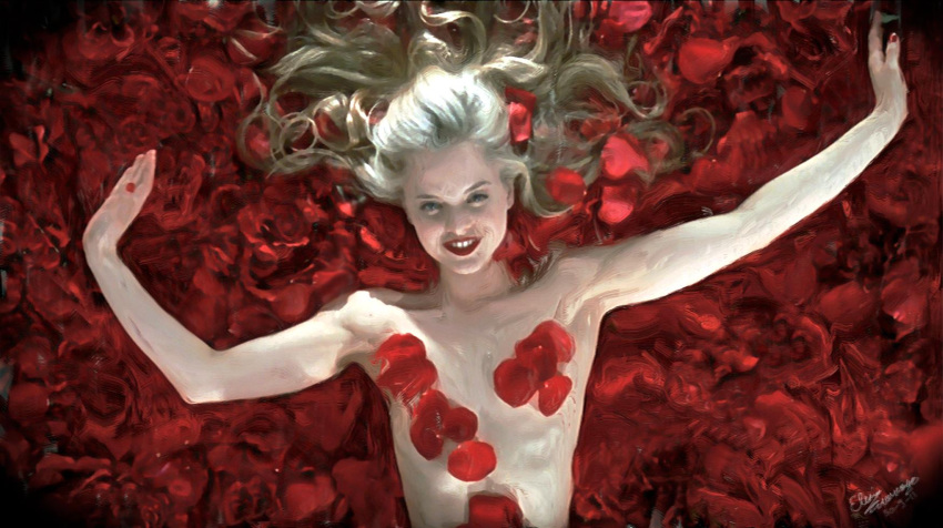 1girls american_beauty angela_hayes female female_only looking_at_viewer mena_suvari parody puiver rose_petals smile solo