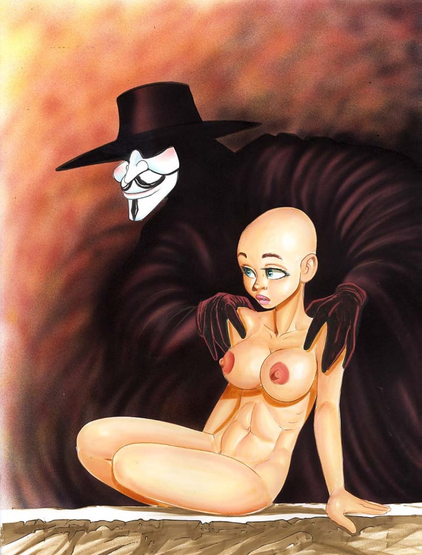 abs athletic athletic_female bald barry_blair blue_eyes breasts cape clothed clothed_male clothing evey_hammond eyelashes female hands_on_shoulders hat headwear lipstick male mask medium_breasts nipples nude nude_female pink_lipstick sitting tagme top_hat v_(character) v_for_vendetta