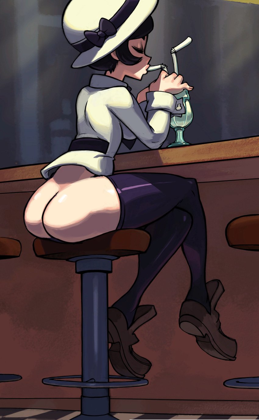 alex_ahad ass black_hair black_legwear bottomless closed_eyes clothing drink female filia_(skullgirls) hat highres human sitting skullgirls solo straw thighhighs