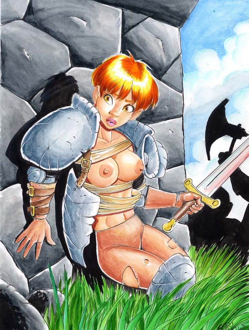 1girls armor barry_blair blue_sky breast_outside broken_armor cloud day daytime grass jeanne_d'arc joan_of_arc medium_breasts orange_hair outdoors public_domain short_hair sword the_messenger the_messenger:_the_story_of_joan_of_arc traditional_media yellow_eyes