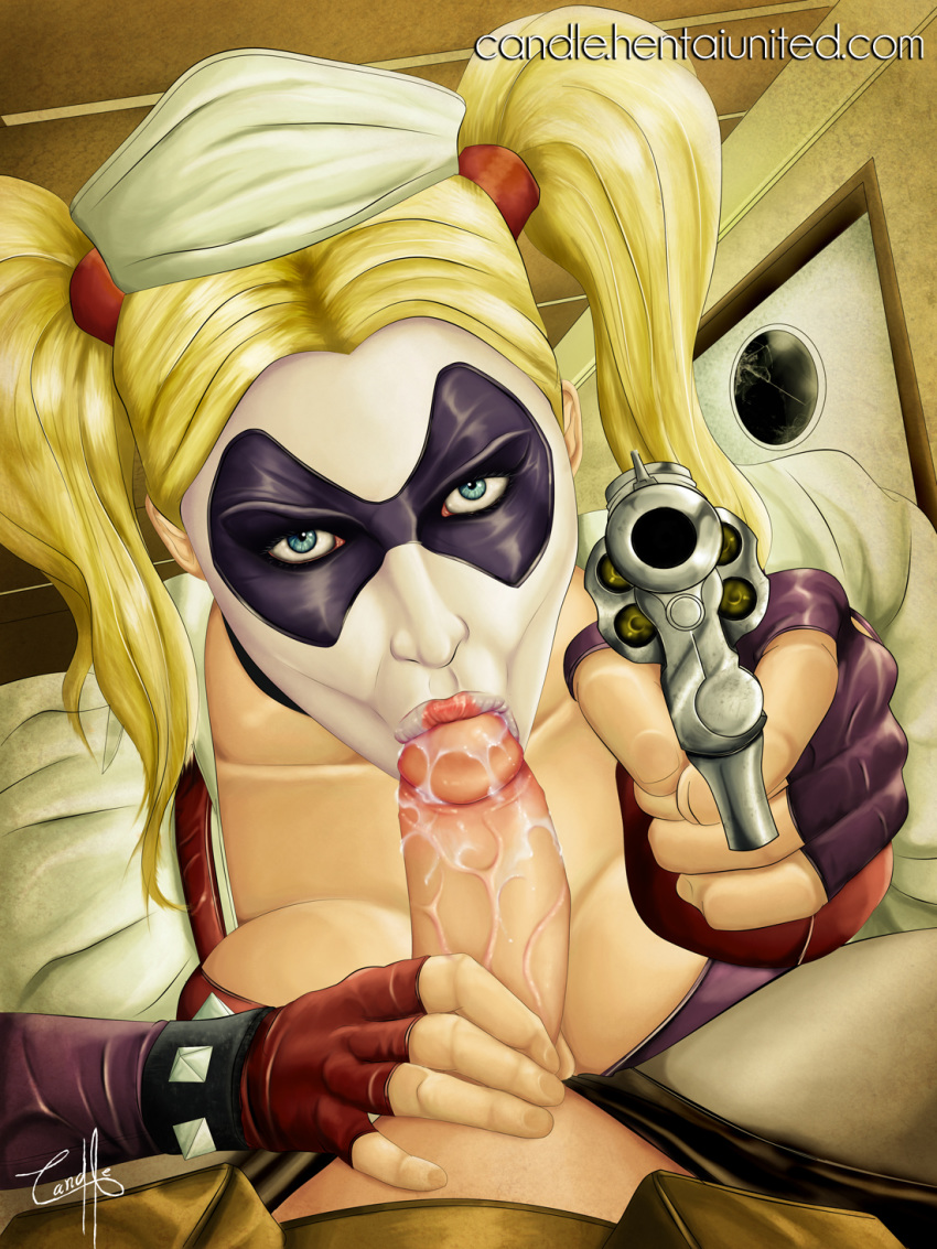 1boy 1girls batman:_arkham_asylum batman_(series) big_breasts blonde_hair blowjob blue_eyes candle_(artist) dc dc_comics faceless_male fellatio female female_focus firearm gun gunpoint handgun harley_quinn human male oral pale_skin penis pov revolver rocksteady_studios straight weapon