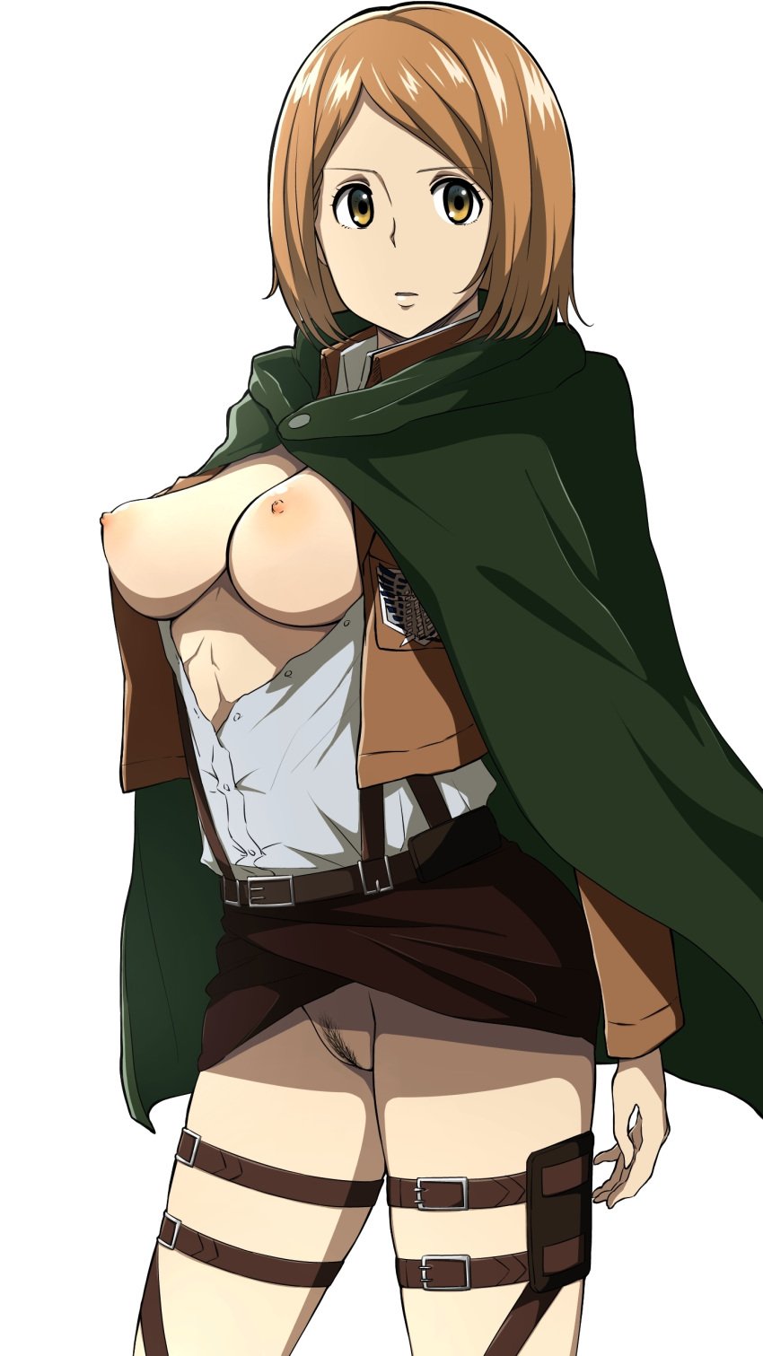 1girls absurdres attack_on_titan breasts brown_eyes brown_hair cape dress_shirt female female_only highres jacket nipples open_clothes open_shirt petra_ral pubic_hair pussy shirt short_hair simple_background solo suspenders thigh_strap tonotyama white_background