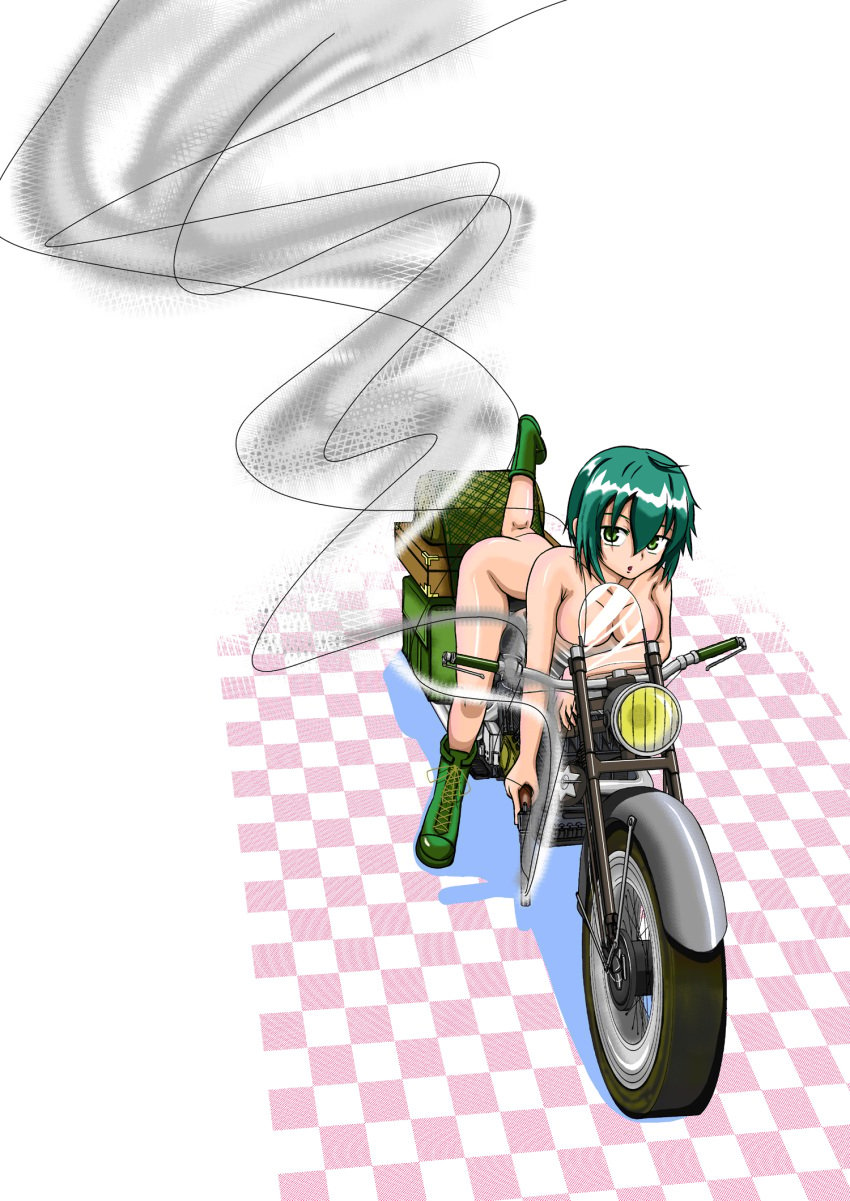 ahoge artist_request boots breasts casual female firearm footwear green_eyes green_hair gun handgun hermes human kino kino_no_tabi luggage mostly_nude motorcycle nude pale_skin perspective pistol revolver smoke vehicle weapon