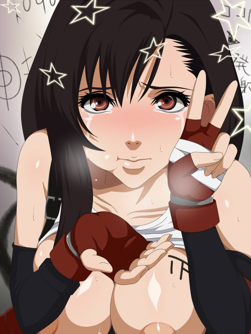 :t black_hair blush body_writing breasts brown_eyes bust circle_ip confused cum cupping_hands face female female_only final_fantasy final_fantasy_vii fingerless_gloves gloves highres huge_breasts human ip large_breasts long_hair looking_at_viewer nipples puffy_nipples rape red_eyes shirt_lift smooth_skin solo star sweat tally tally_marks tank_top tears tifa_lockhart v