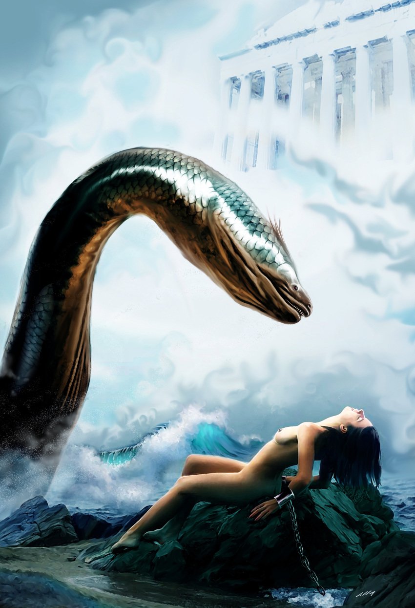 andromeda_(greek_mythology) axlsalles bondage cetus female greek_mythology monster mythology nude ocean painting_(artwork) realistic