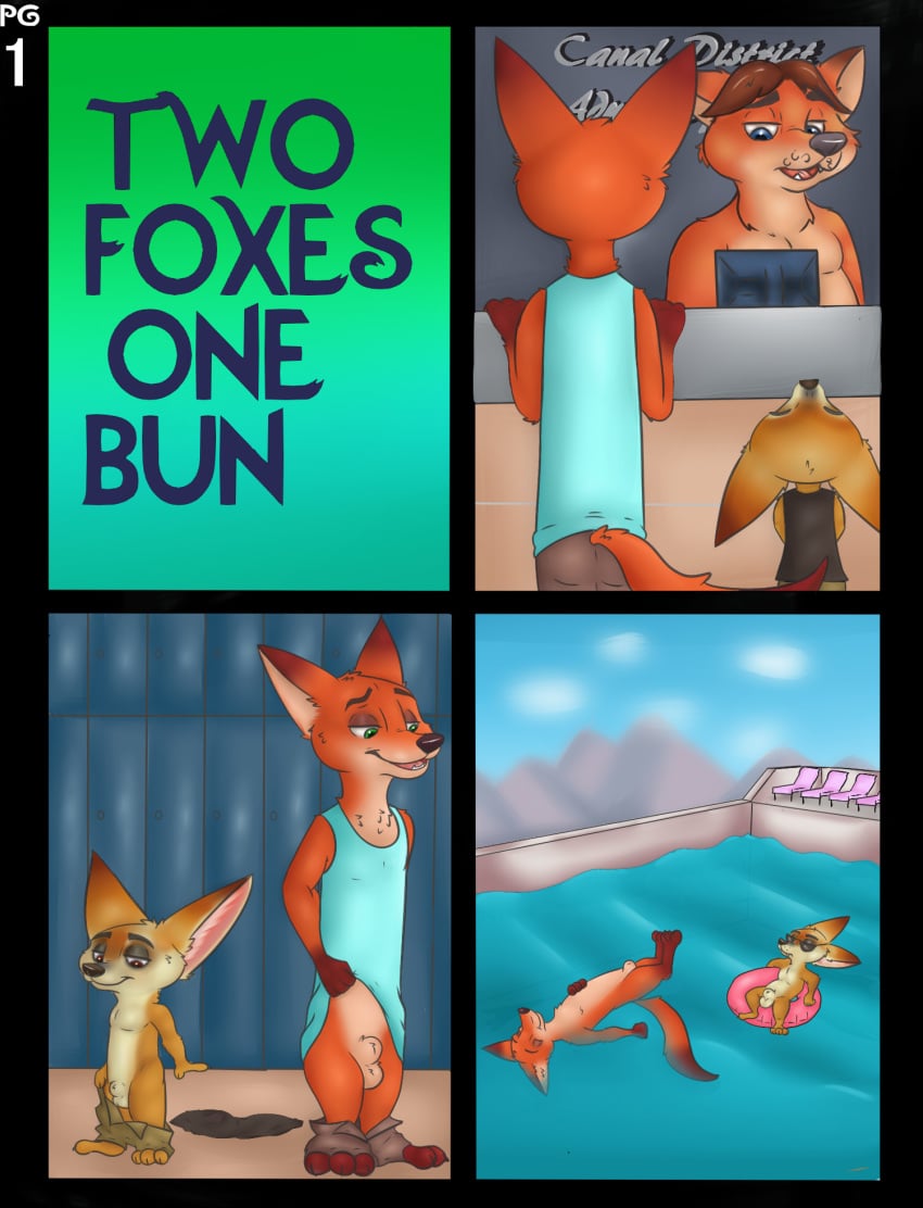 animal_genitalia bottomless canine closed_eyes clothed clothing comic disney eyewear fennec finnick float fox gideon_grey glasses joswigei male male_only mammal nick_wilde nude pants_down partially_clothed sheath sunglasses swimming_pool topless undressing water zootopia