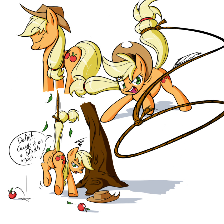 anus applejack_(mlp) ass cowboy_hat earth_pony equine female female_only friendship_is_magic fur green_eyes hat lasso looking_back my_little_pony no-ink pony pussy rope smooth_skin solo suspension tail tree