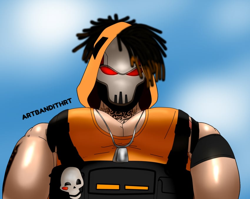 bandithrt big_breasts big_nipples bundle_(free_fire) character_(free_fire) dreadlocks free_fire gay_male harness hood hoodie male male_only mask masked_male muscular muscular_male necklace oiled_skin red_eyes sweat tattoo tattoos yellow_shirt