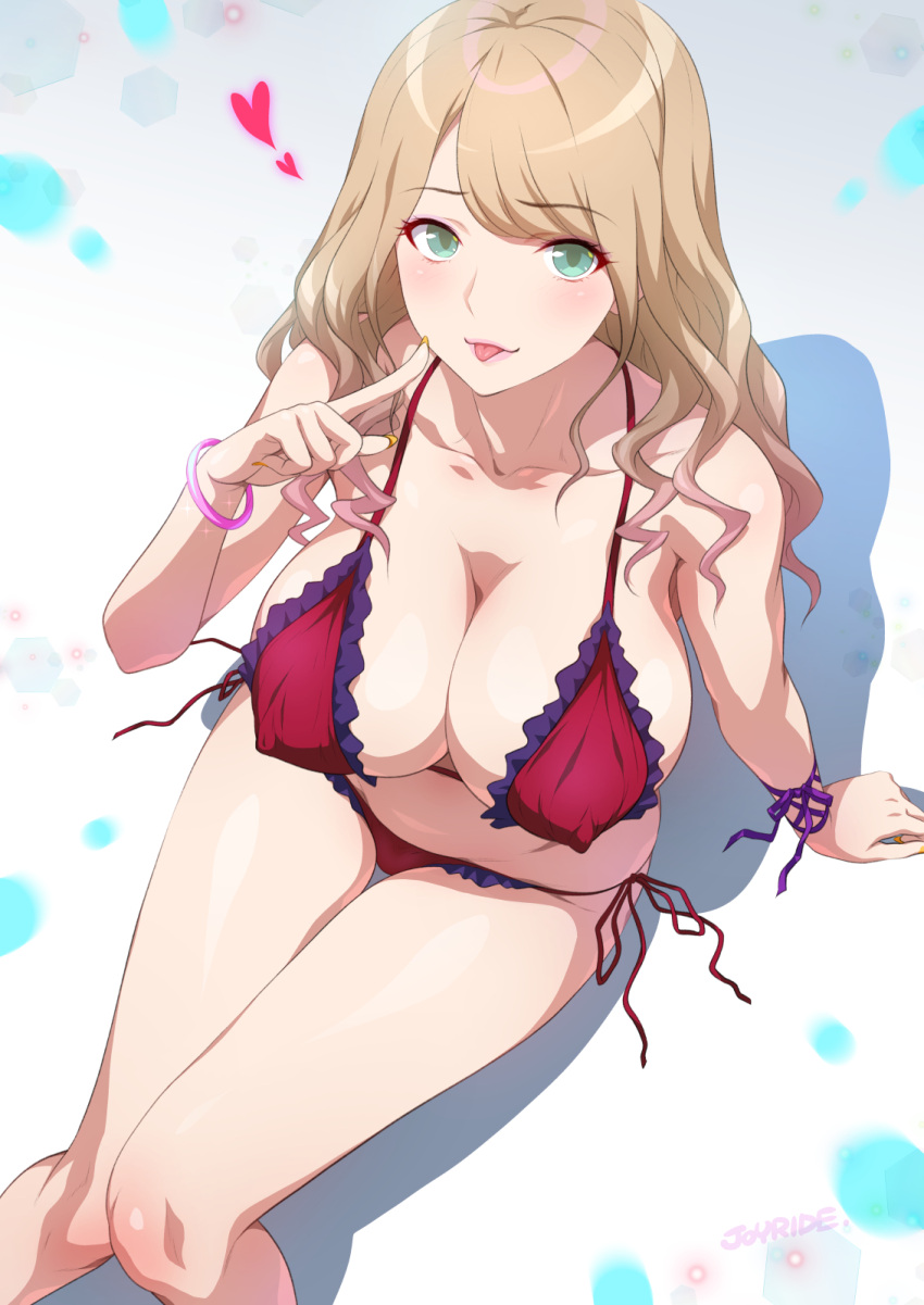 1girls big_breasts bikini blonde_hair blue_eyes blush bracelet breasts clavicle erect_nipples erect_nipples_under_bikini erect_nipples_under_clothes erect_nipples_under_swimsuit eyelashes female female_only frilled_bikini frilled_swimsuit frills gyaru hips joy_ride large_breasts lipstick looking_at_viewer makeup nail_polish navel original pink_lipstick red_bikini red_swimsuit shiny_hair shiny_skin simple_background solo swimsuit tongue tongue_out yellow_nail_polish yellow_nails