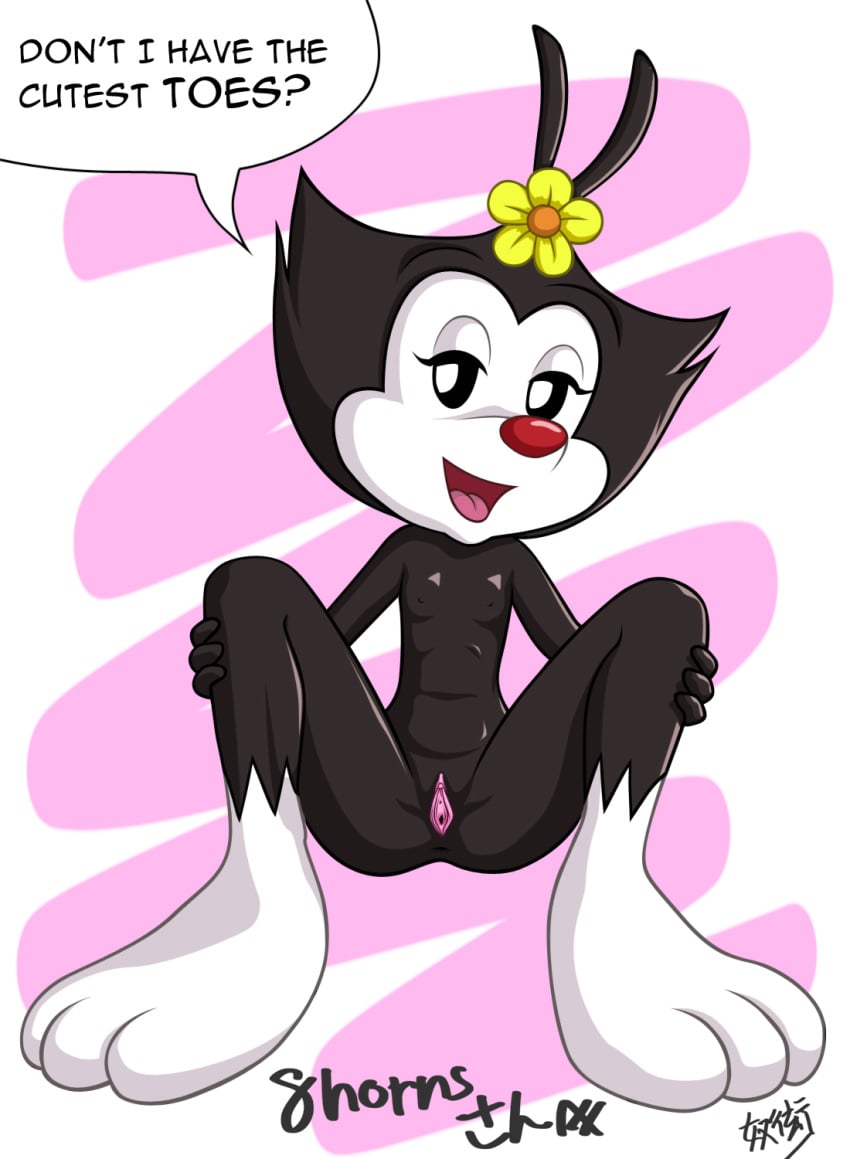 8horns animaniacs barefoot black_fur color dot_warner english_text female female_only flat_chest flower fur nipples nude red_nose sitting solo tagme text vulva white_fur young