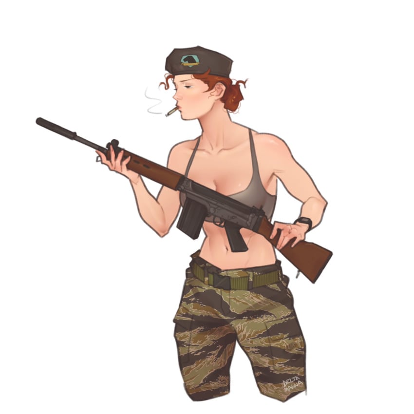 1girls 2d abs athletic athletic_female beret biceps bra camo_pants camouflage clothing collarbone deltamagna emma_(deltamagna) female female_only female_soldier firearm fit_female fn_fal ginger ginger_hair gun holding_object holding_rifle holding_weapon human looking_at_object looking_down metal_gear_solid military military_hat military_pants muscular_female muscular_shoulders no_jacket no_shirt no_top original_character pale_skin pinup red_hair rifle short_hair shoulder_blades shoulders smoking smoking_cigarette soldier solo solo_female solo_focus stomach tactical_gear tagme toned_back toned_body toned_female toned_stomach watch weapon white_background