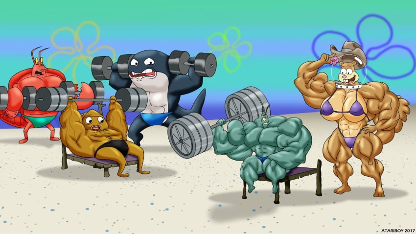 abs atariboy bara barefoot bikini cowboy_hat crustacean female fish flower larry_the_lobster lobster male mammal marine muscle_fetish muscular muscular_female muscular_male orca partially_clothed rodent sandy_cheeks sheldon_j._plankton speedo spongebob_squarepants squirrel swimsuit whale