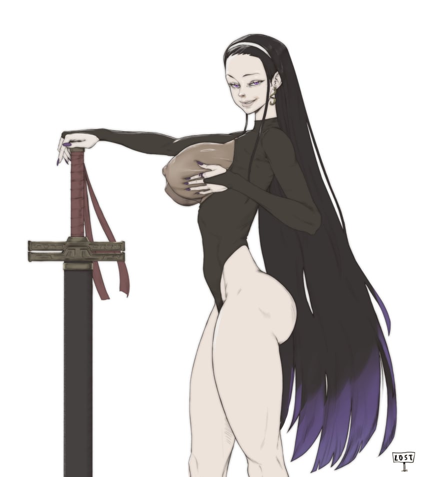 1girls big_ass big_breasts black_hair dyed_hair earrings hairband iori_(library_of_ruina) library_of_ruina long_hair looking_at_viewer lostinium project_moon purple_eyes sword thick_thighs transparent_clothing very_long_hair visible_nipples