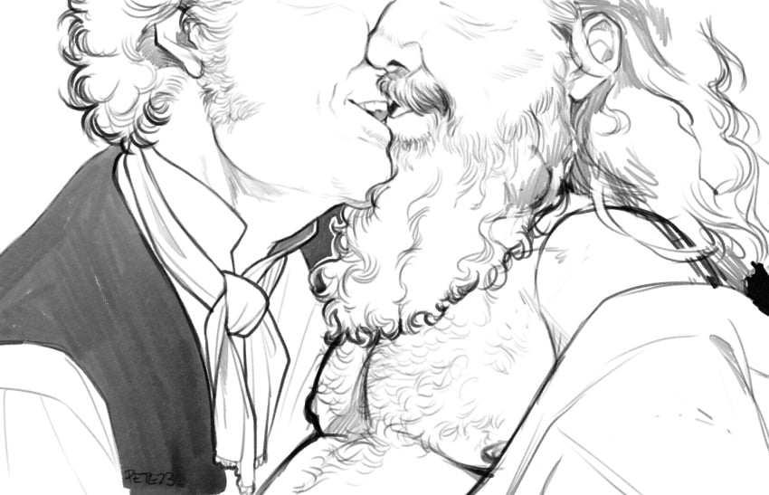 2boys 2males bara bara_tiddies bara_tits barazoku beard black_and_white blackbeard close-up edward_teach gay kissing long_hair long_hair_male male_only monochrome moobs mostly_clothed no_visible_genitalia old_man_yaoi open_robe our_flag_means_death pirate stede_bonnet stuckinapit wholesome