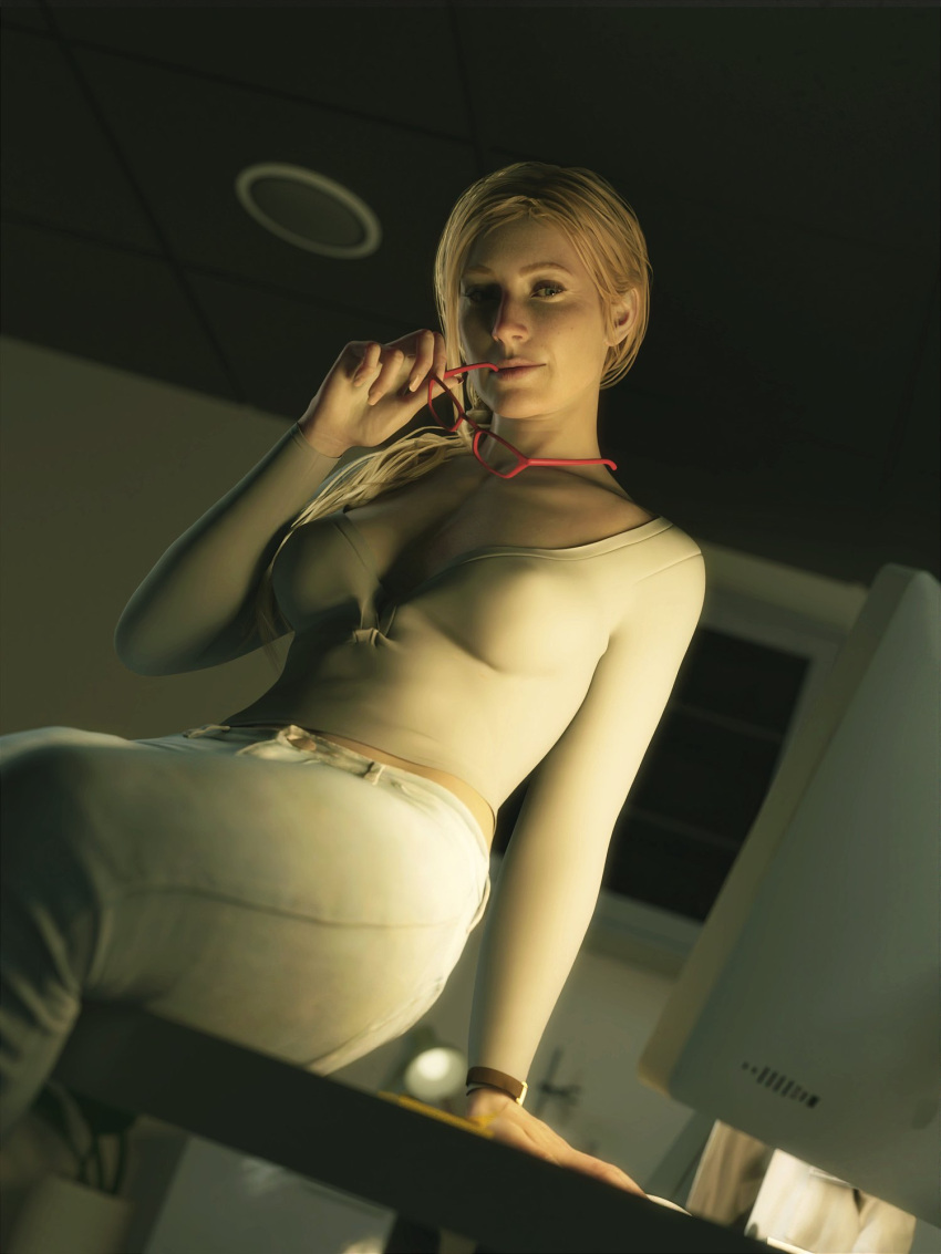 1girls 3d after_hours annette_birkin assertive_female badge barefoot blonde_female blonde_hair blonde_hair_female blue_eyes breasts capcom caucasian_female cleavage clipboard clothed clothed_female desk discarded_clothing doctor dominant_female female female_doctor female_focus female_only female_pervert female_scientist footwear holding_footwear holding_object holding_shoes indoors labcoat large_breasts leg_hanging_from_desk legs_on_desk light-skinned_female long_hair looking_aside looking_at_viewer looking_away male_pov mature_female milf nerdy_female ponytail pov presenting_feet red_nose resident_evil resident_evil_2 resident_evil_2_remake scientist shoes_off shoes_removed sitting_on_desk smiling_at_viewer smirk smirking_at_viewer solo solo_female solo_focus tagme taking_clothes_off tank_top viewed_from_below watch wearing_glasses wedding_ring word2