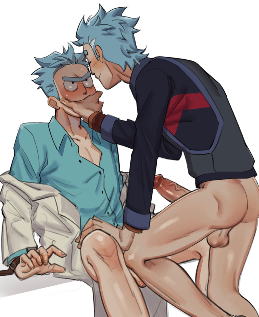 2boys @eut ass bottomless hand_over_mouth male_focus male_only rick_and_morty rick_prime rick_sanchez selfcest sitting undressing yaoi