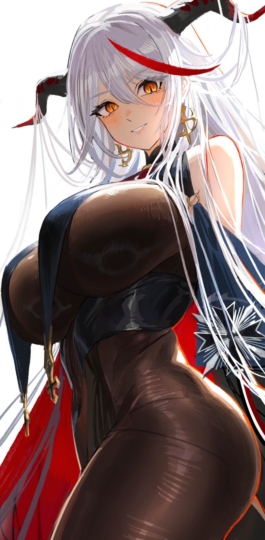 1girls aegir_(azur_lane) azur_lane bodystocking breast_curtains breasts female female_only hi_res hips horns huge_breasts iron_blood_(azur_lane) kaki_z3 light-skinned_female light_skin long_hair naughty_face orange_eyes solo thick_thighs thighs white_hair wide_hips