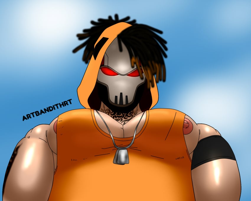 bandithrt big_breasts big_nipples bundle_(free_fire) character_(free_fire) dreadlocks free_fire gay_male hood hoodie male male_only mask masked_male muscular muscular_male necklace oiled_skin red_eyes sweat tattoo tattoos yellow_shirt