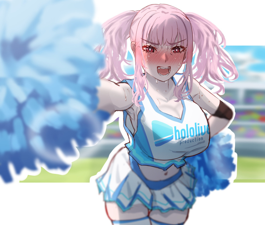 1girls 2d bare_shoulders belly_button big_breasts blush blushing_at_viewer breasts cheerleader cheerleader_uniform cleavage crop_top embarrassed female hehexed06161704 hololive hololive_english hololive_myth looking_at_viewer mori_calliope narrowed_eyes open_mouth pink_eyes pink_hair pom_poms shy skirt slave_handles solo source standing sweat sweating teeth thighhighs tied_hair twintails virtual_youtuber visible_ear