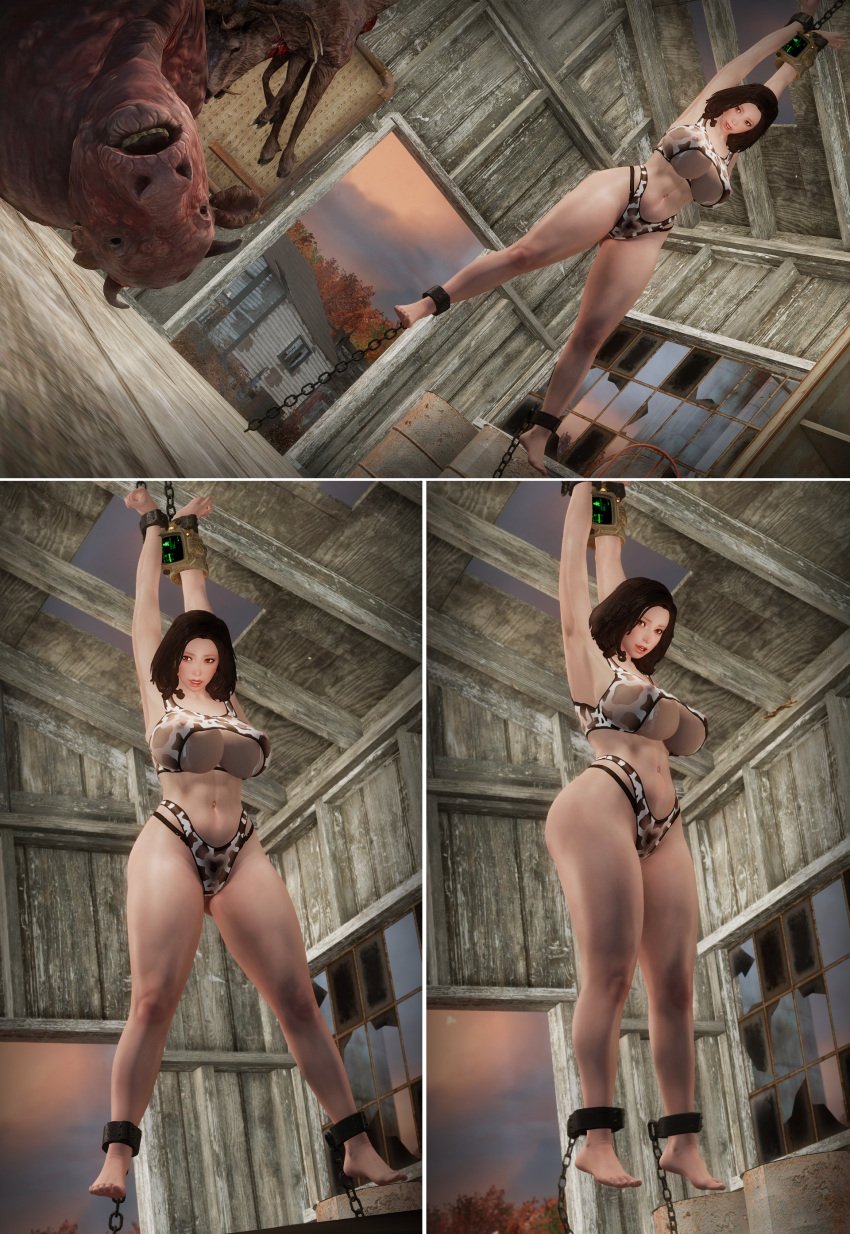 3d bethesda_softworks bikini chained_ankles chained_to_ceiling chained_wrists cow_print fallout lactation milk_leaking panties screenshot transparent_clothing vault_dweller