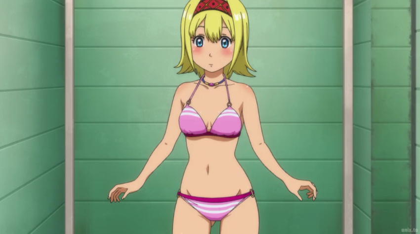 1girls bare_arms bare_legs bare_midriff bare_shoulders bare_thighs belly_button bikini bikini_bottom bikini_top blonde_hair blue_eyes blue_necklace blushed_face changing_room cleavage female female_only hairband human light_skin midriff mirror navel necklace pink_bikini pink_bikini_bottom pink_bikini_top pink_swimsuit pink_swimwear reema_(suisei_no_gargantia) short_hair solo suisei_no_gargantia swimsuit swimwear thick_thighs