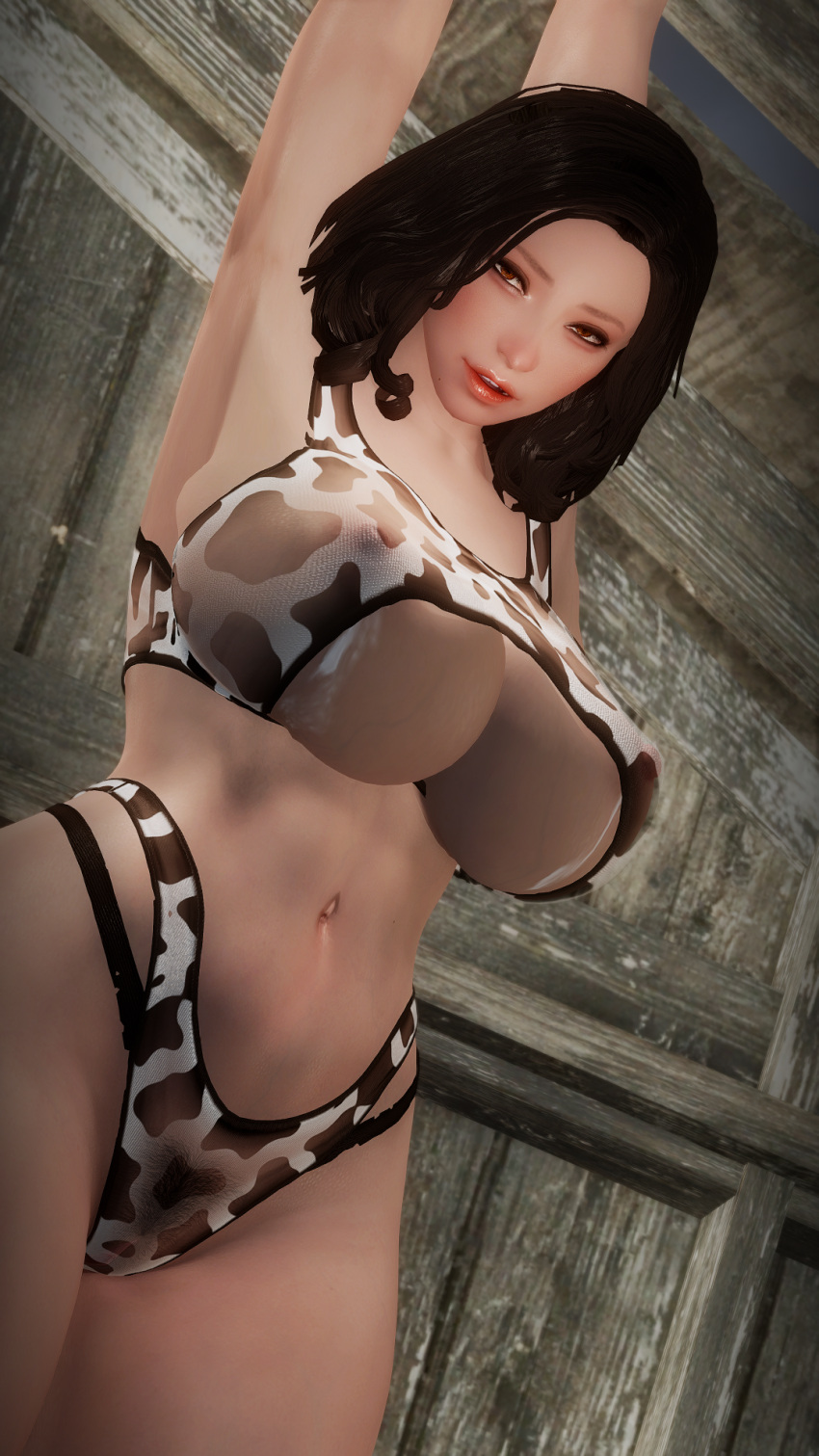 3d bethesda_softworks bikini chained_to_ceiling chained_wrists cow_print fallout lactation milk_leaking panties screenshot transparent_clothing vault_dweller