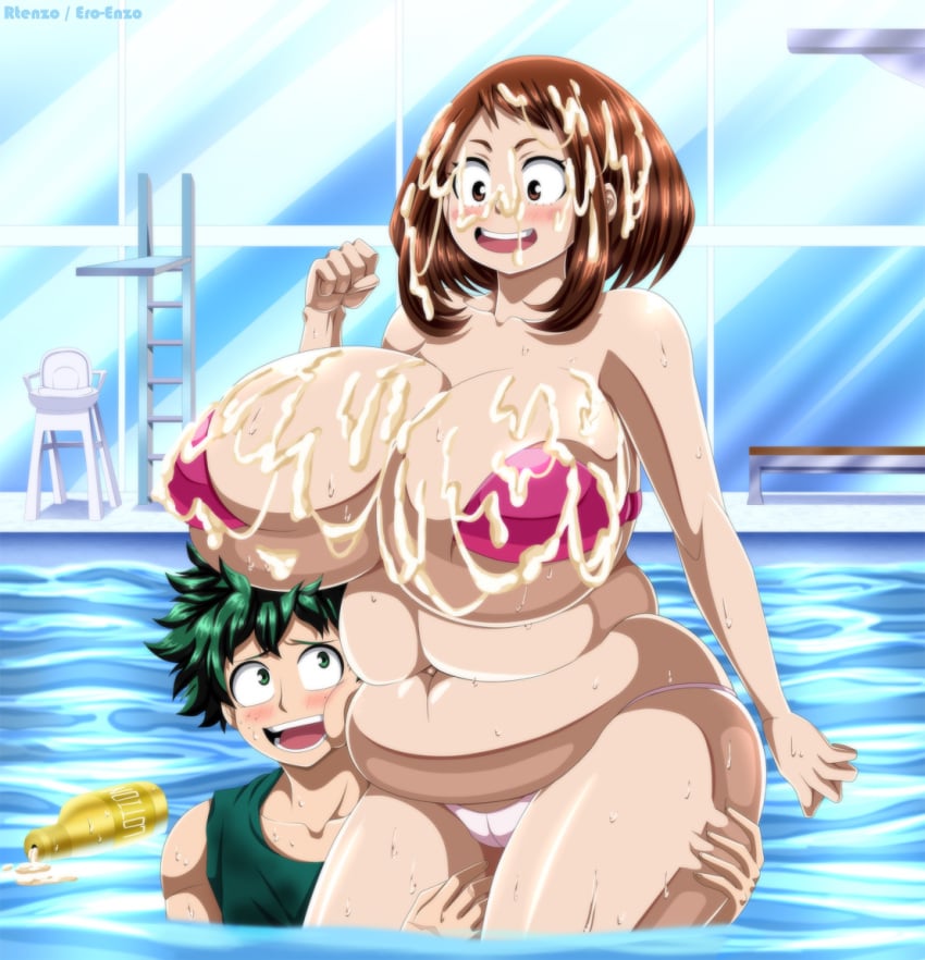 1boy 1girls alternate_version_at_source alternate_version_available belly belly_button big_ass big_breasts big_thighs bikini blush blush_lines boku_no_hero_academia bottle bottle_with_cum breasts breasts_bigger_than_head brown_eyes brown_hair canon_couple chubby chubby_female cum_in_bottle cum_on_breasts cum_on_face cum_on_hair cum_on_upper_body ero-enzo female green_eyes green_hair green_tank_top hands-free hands_on_thighs huge_breasts huge_thighs hyper_breasts izuku_midoriya large_breasts light_skin looking_at_partner lotion lotion_bottle male medium_hair messy_hair midoriya_izuku my_hero_academia ochako_uraraka pink_bra pink_panties pool rtenzo sweat sweating sweaty sweaty_body tank_top thick_thighs thighs uraraka_ochako