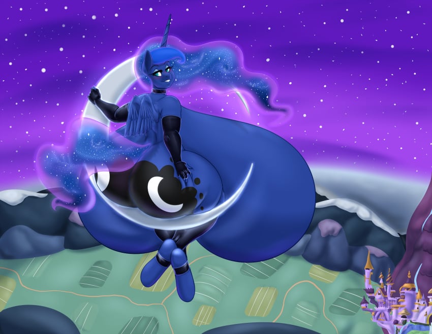 alicorn anthro ass big_breasts blue_body blue_eyes blue_feathers blue_hair blue_skin blues64 breasts choker cutie_mark elbow_gloves equid equine feathered_wings feathers friendship_is_magic gloves hair hasbro horn huge_breasts hyper hyper_breasts long_hair mammal moon mr.pink my_little_pony princess_luna_(mlp) thick_thighs wings