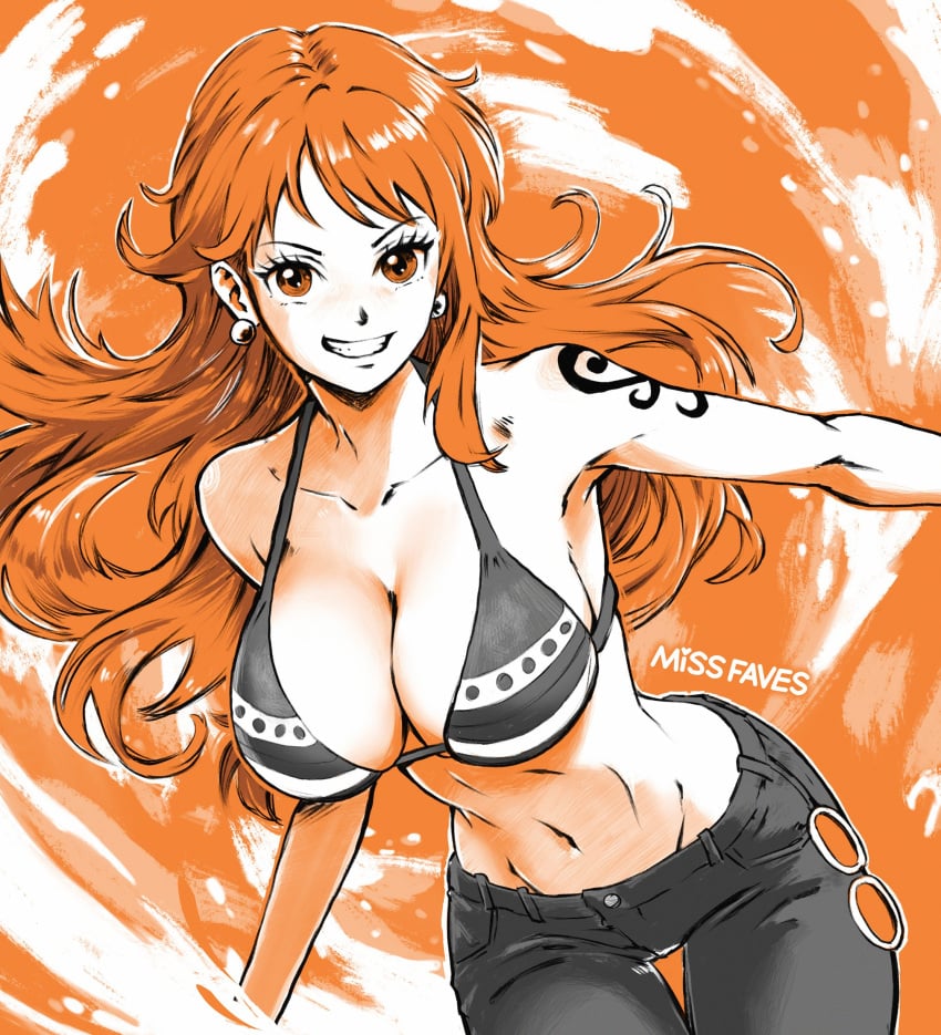 artist_name bikini bikini_top_only breasts brown_eyes cleavage collarbone commentary curvy earrings english_commentary female female_focus female_only grey_bikini grey_pants grin highres jeans jewelry large_breasts long_hair looking_at_viewer matching_hair/eyes missfaves nami nami_(one_piece) navel one_piece orange_background orange_eyes orange_hair orange_theme pants pearl_earrings post-timeskip shoulder_tattoo smile striped_bikini swimsuit tattoo wide_hips