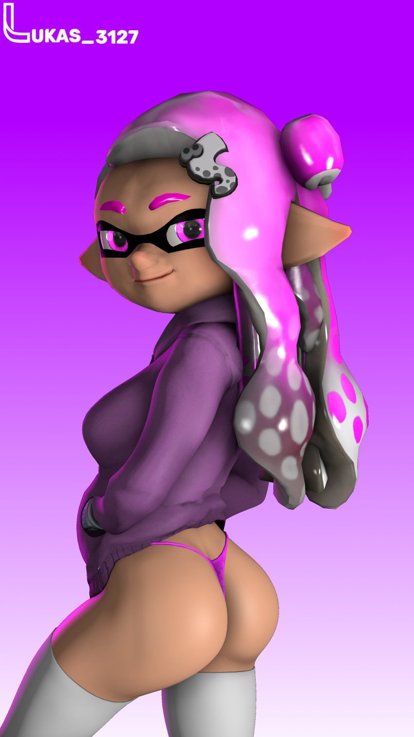 3d elf_ears inkling_girl lukas_3127 octopus_girl pink_eyes pink_hair pink_panties solo splatoon splatoon_(series) watermark white_leggings