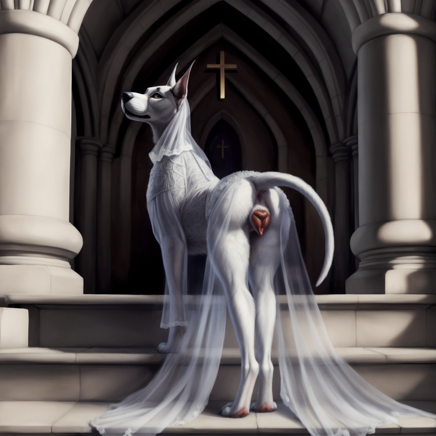 1girls ai_generated anus ass canine canine_pussy christian_cross claws cross director_firewolf female female_only feral feral_only grey_eyes inner_ear_fluff paws presenting presenting_hindquarters pussy raised_tail tail wedding_dress white_body white_fur