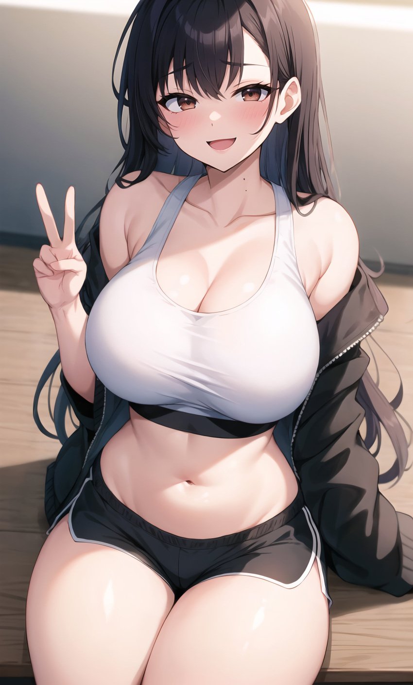 1girls ai_generated black_hair boku_no_kokoro_no_yabai_yatsu booty_shorts breasts dolphin_shorts female hi_res hips large_breasts light-skinned_female light_skin long_hair short_shorts shorts sports_bra sportswear stable_diffusion stuffyai thick_thighs thighs wide_hips yamada_anna