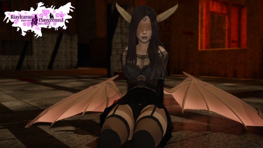 3d black_clothes black_clothing black_hair black_legwear black_lingerie black_nail_polish black_nails blind blindfold blindfolded_female brown_skin brown_skinned_female dark-skinned_female dark_skin demon_girl demon_wings demoness exxora feet female female_only leg_focus legs legs_focus lingerie long_ears nails nails_painted only_female riaykuras_playground self_upload sitting sitting_on_floor solo stocking stockings wings