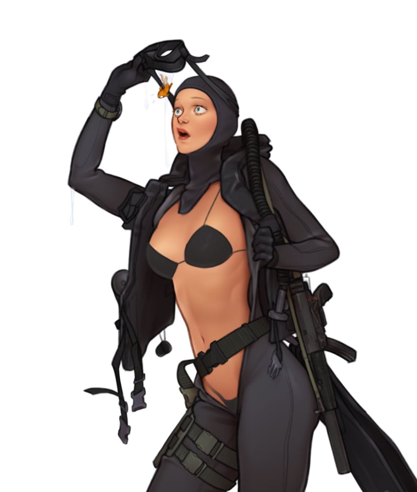 1girls 2d air_tank balaclava bikini bikini_under_clothes black_bikini black_bra black_clothing black_panties blue_eyes bodysuit bra breathing_tube caucasian_female clothing deltamagna diver diving diving_mask diving_suit face_mask female female_focus female_only female_operator female_soldier firearm fish goldfish gun holster human light-skinned_female machine_gun mask military_gear mp5 neck_garter open_mouth operator pinup scuba scuba_gear scuba_mask skin_tight_suit skintight snorkel solo solo_female solo_focus spandex spandex_suit special_forces straps suppressor surprised surprised_expression tactical_gear tagme thigh_holster tube undressed undressing undressing_self weapon wet_body wet_clothes wetsuit white_background wide_eyed