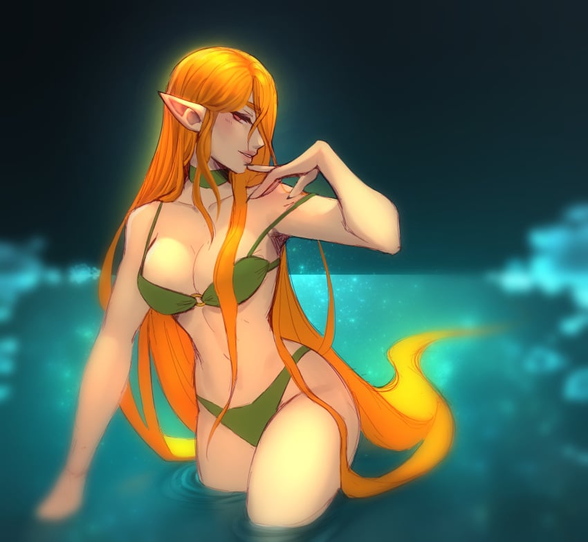 big_breasts brawlhalla eirlys elf elf_ears elf_female ember_(brawlhalla) female long_hair orange_hair red_eyes