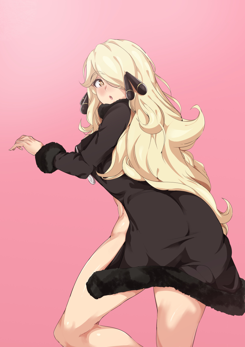 1girls ass big_ass black_coat blonde blonde_female blonde_hair blonde_hair_female clothing coat cynthia_(pokemon) female female_only fur_coat game_freak hair hair_over_one_eye hips kosstary light-skinned_female light_skin lips long_hair looking_back mature mature_female mature_woman pokémon pokemon pokemon_champion pokemon_dppt solo solo_female thighs yellow_eyes