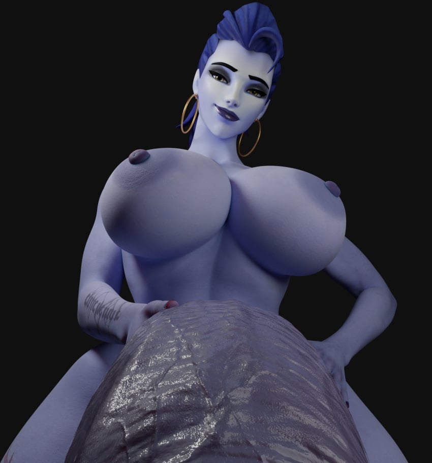 1futa 3d 3d_(artwork) asaron big_breasts big_penis black_background blizzard_entertainment blue_skin breasts erection first_person_view futanari highres huge_breasts huge_cock imminent_oral large_penis nipples nude nude_futanari nyl_widowmaker overwatch overwatch_2 penis pov simple_background solo taker_pov veiny_penis widowmaker