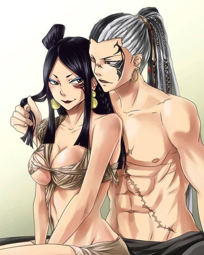 1boy arya-aiedail breasts cleavage face_tattoo fairy_tail female male minerva_orlando rogue_cheney round_breasts tagme