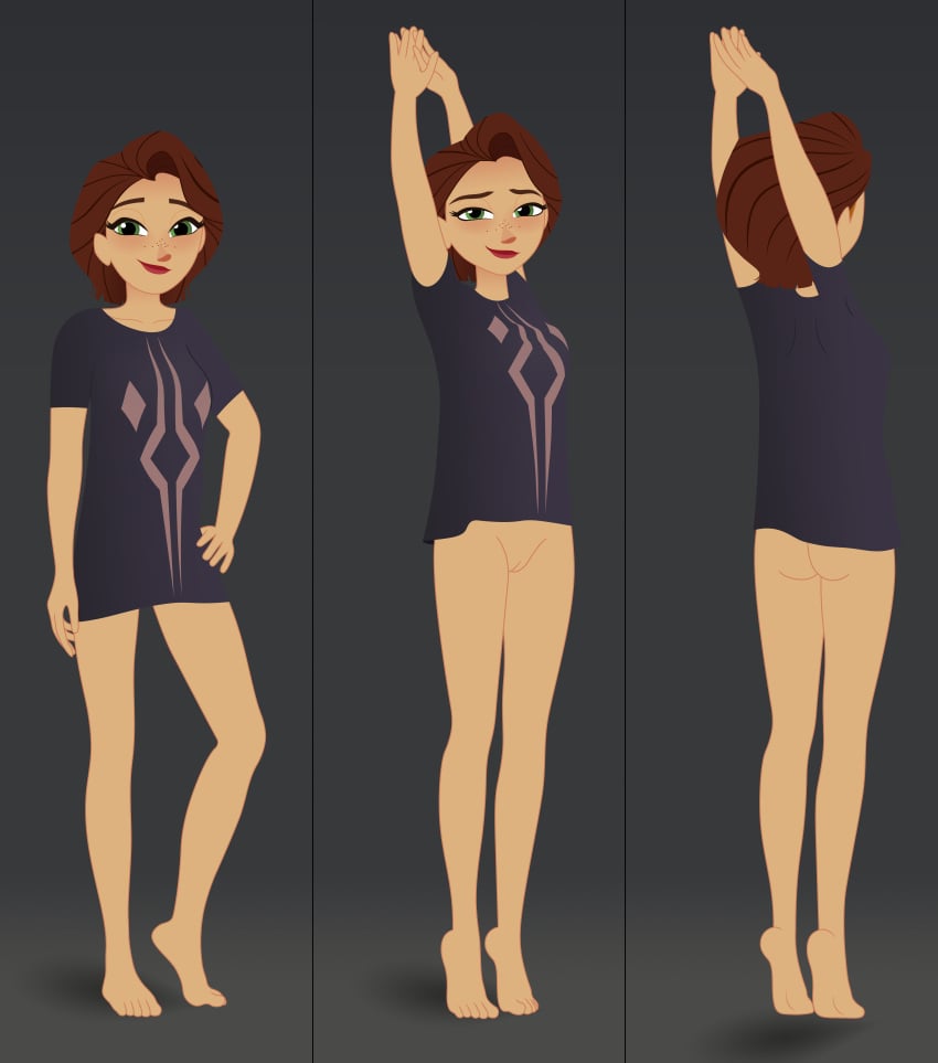 brown_hair disney disney_channel disney_princess female fulcrum_(symbol) green_eyes looking_at_viewer mehefin013 rapunzel short_hair stretching t-shirt tangled tangled:_the_series visible_pussy