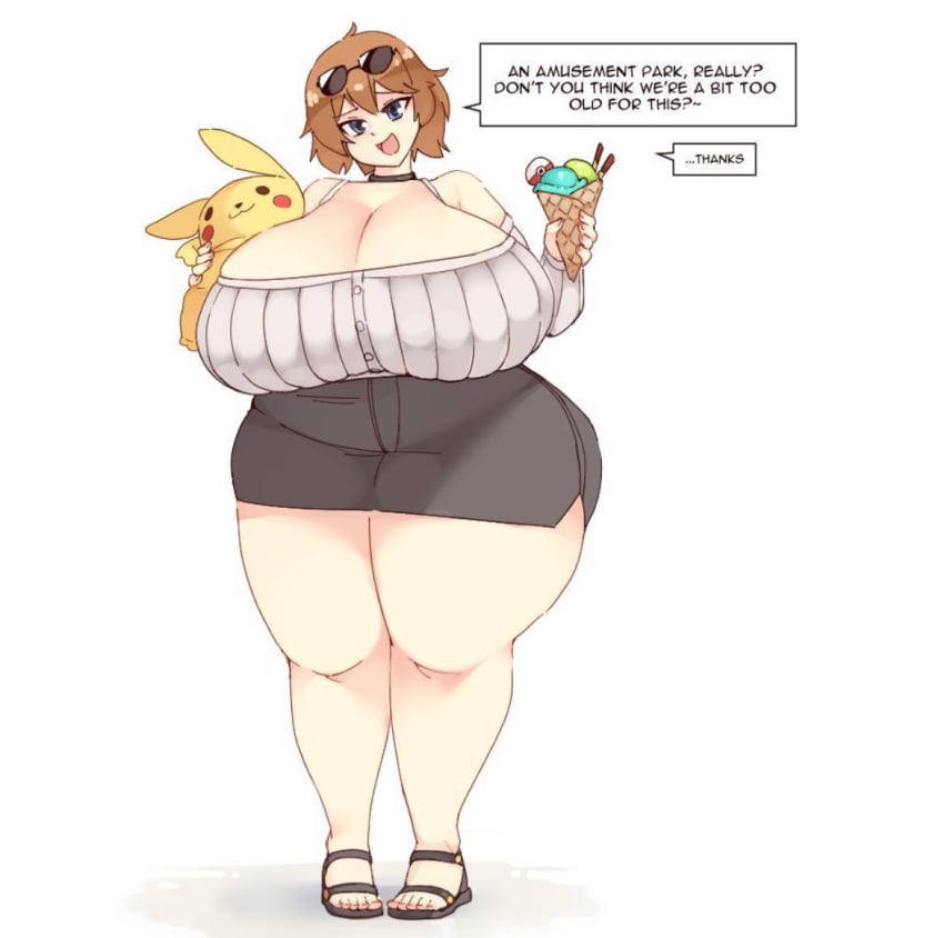 black_choker black_skirt choker cleavage huge_breasts ice_cream looking_at_viewer may_(pokemon) may_(pokemon_oras) open_mouth pale-skinned_female pale_skin pikachu_plushie plushie pokemon rtil sandals short_skirt speech_bubble sunglasses sunglasses_on_head tall tall_female text white_topwear wholesome