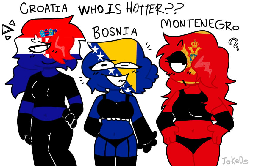 big_thighs black_handwear black_legwear black_outfit bosnia_and_herzegovina_(countryhumans) countryhumans countryhumans_girl croatia_(countryhumans) jakeos montenegro_(countryhumans) tight_clothing