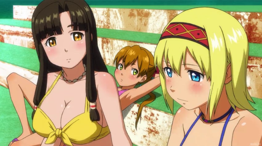 3girls amber_eyes bare_arms bare_legs bare_midriff bare_shoulders bare_thighs barefoot belly_button big_breasts bikini bikini_bottom bikini_scarf bikini_skirt bikini_top black_hair blonde_hair blue_earrings blue_eyes blue_necklace blushed_face cleavage closed_eyes earrings female female_only green_eyes hair_ribbons hairband human light_skin long_hair medium_breasts melty_(suisei_no_gargantia) midriff multiple_girls navel necklace pearl_necklace pink_bikini pink_bikini_bottom pink_bikini_scarf pink_bikini_top pink_ribbon pink_sandals pink_swimsuit pink_swimwear pool poolside red_bikini_skirt red_sandals reema_(suisei_no_gargantia) ribbons rust saaya_(suisei_no_gargantia) sandals short_hair small_boobs small_breasts suisei_no_gargantia swimming_pool swimsuit swimwear tan_skin thick_thighs tied_hair twintails white_bikini white_bikini_bottom white_bikini_top white_sandals white_swimsuit white_swimwear yellow_bikini yellow_bikini_top yellow_swimsuit yellow_swimwear