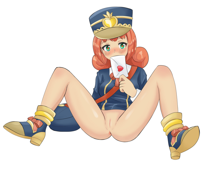 ally_(puyo_puyo) bag bakudon blush bottomless green_eyes hat heart-shaped_pupils letter no_panties orange_hair presenting_pussy pussy puyo_puyo puyo_puyo_fever puyo_puyo_quest shirt shoes socks spread_legs