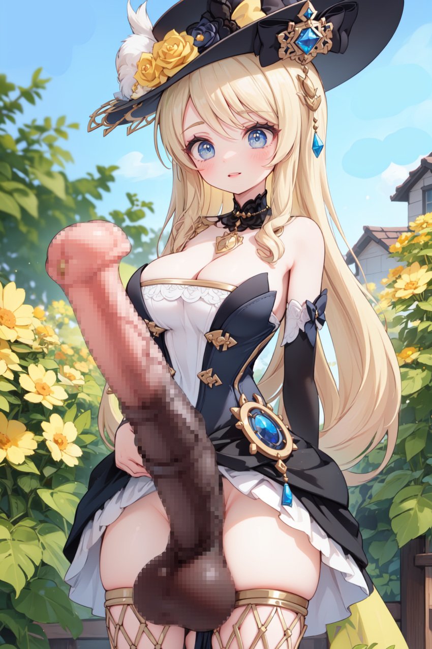 1futa ai_generated animal_genitalia balls big_breasts blonde_hair blue_eyes equine equine_penis erection female futa_only futanari genshin_impact hat horse_penis horsecock horsecock_futanari huge_breasts huge_cock human_with_animal_genitalia human_with_horsecock large_breasts long_hair lowiwer mosaic_censoring navia_(genshin_impact) penis solo solo_futa standing testicles