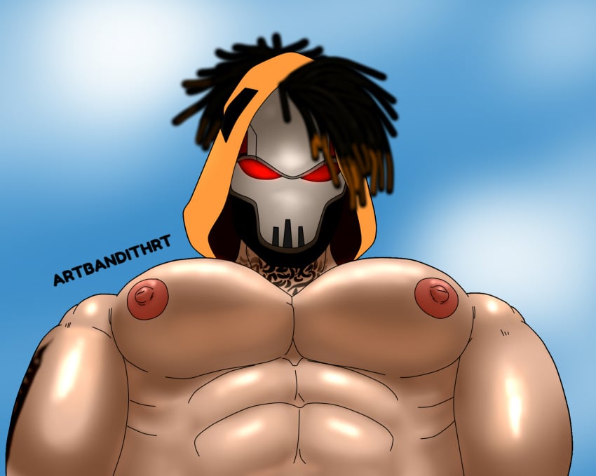 bandithrt big_breasts big_nipples bundle_(free_fire) character_(free_fire) dreadlocks free_fire gay_male hood hoodie male male_only mask masked_male muscular muscular_male oiled_skin red_eyes sweat tattoo tattoos