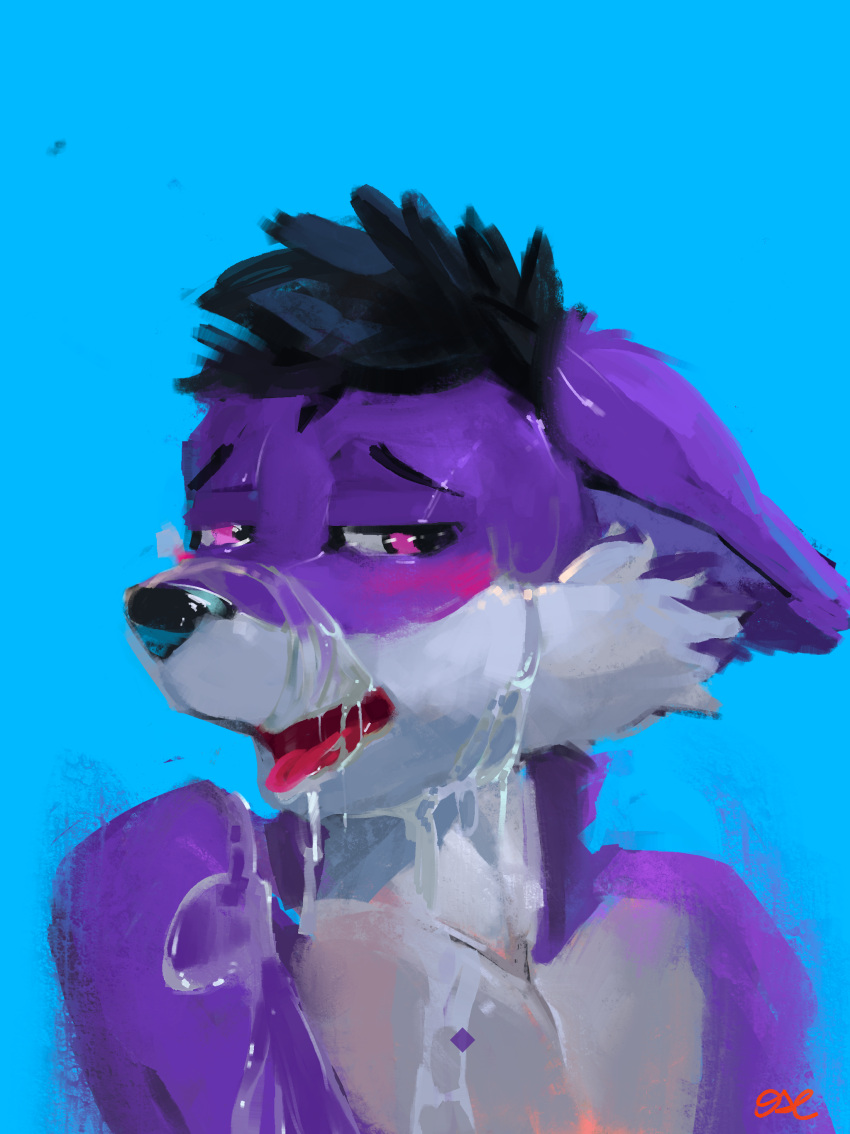 absurd_res alibastaire anthro black_eyebrows black_hair blush bodily_fluids bust_portrait canid canine canis cheek_tuft cum cum_on_face eyebrows facial_tuft fur genital_fluids glistening glistening_eyes hair head_tuft hi_res male mammal oselotti pink_eyes portrait purple_body purple_ears purple_fur signature solo tuft wolf