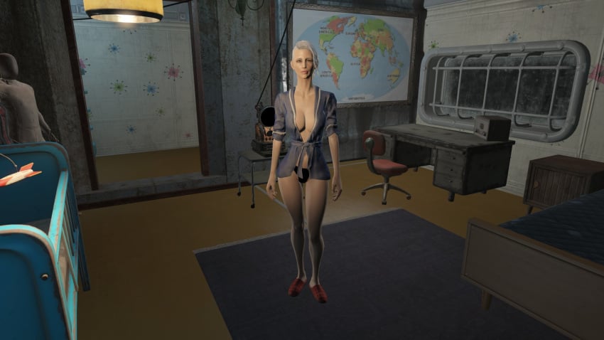 1girls 3d 3d_(artwork) 3d_model alternate_hair_color alternate_hair_length alternate_hairstyle bathrobe bed bedroom bethesda_softworks caucasian caucasian_female cbbe chair clothed clothing curie curie_(fallout_4) fallout fallout_4 female female_only half-naked interior interior_view lingerie map mod no_bra office_desk only_female original original_art original_artwork panties pink_mouth round_breasts salai_dubois screenshot short_hair slippers standing thin_female underwear vault white_hair